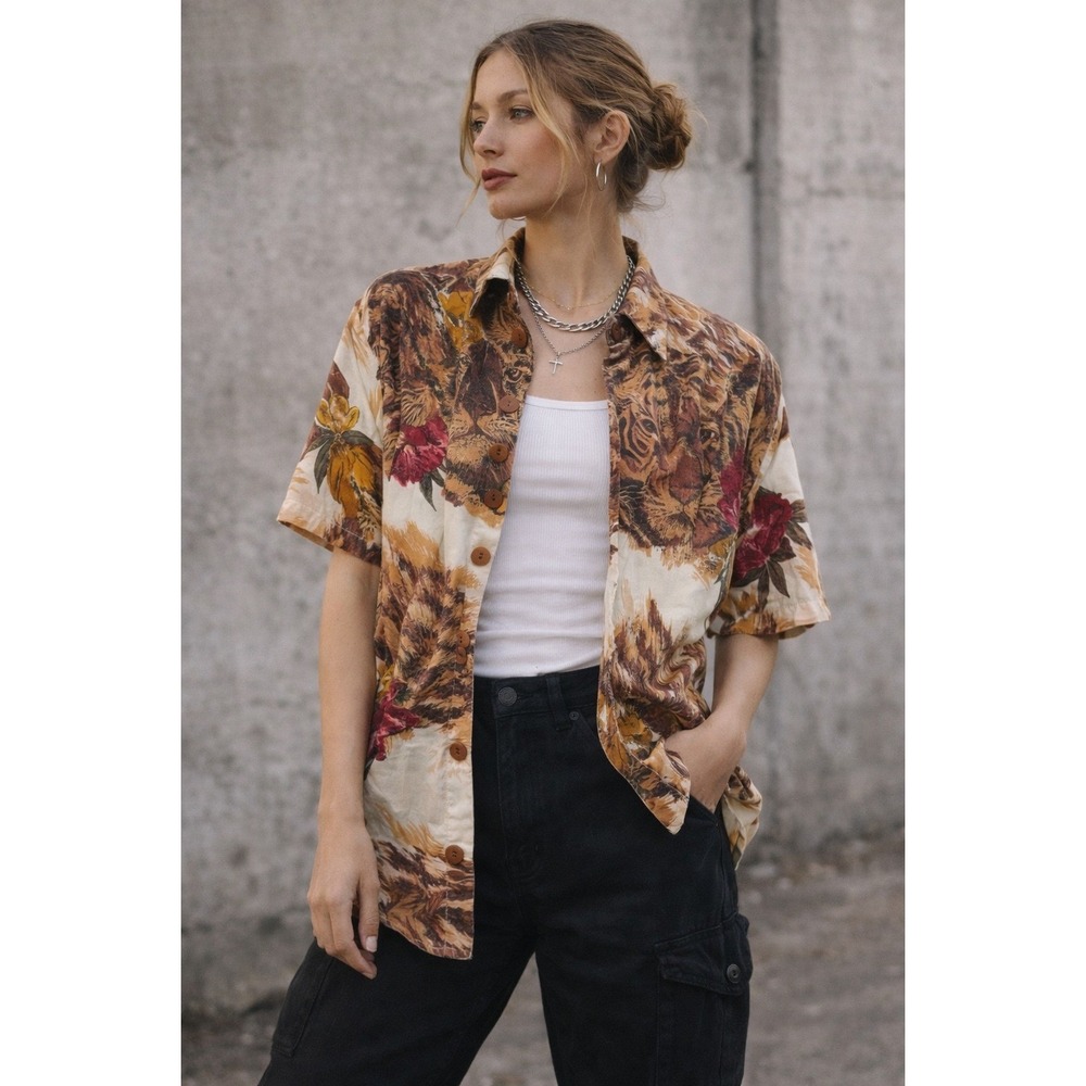 Vintage Bold Edgy Grunge Denim Republic Tiger Floral Button Up Safari Shirt SZ L